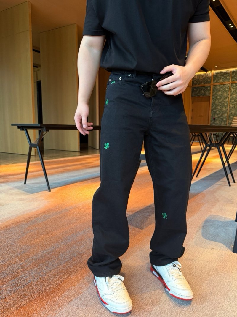 Chrome Hearts Black Denim Jeans with Green Cross Embroidery