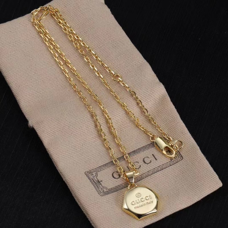 Gucci Logo Engraved Pendant Gold Chain Necklace