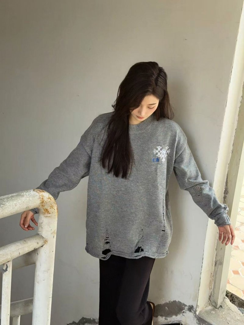 Grey Distressed Crew Neck Sweater