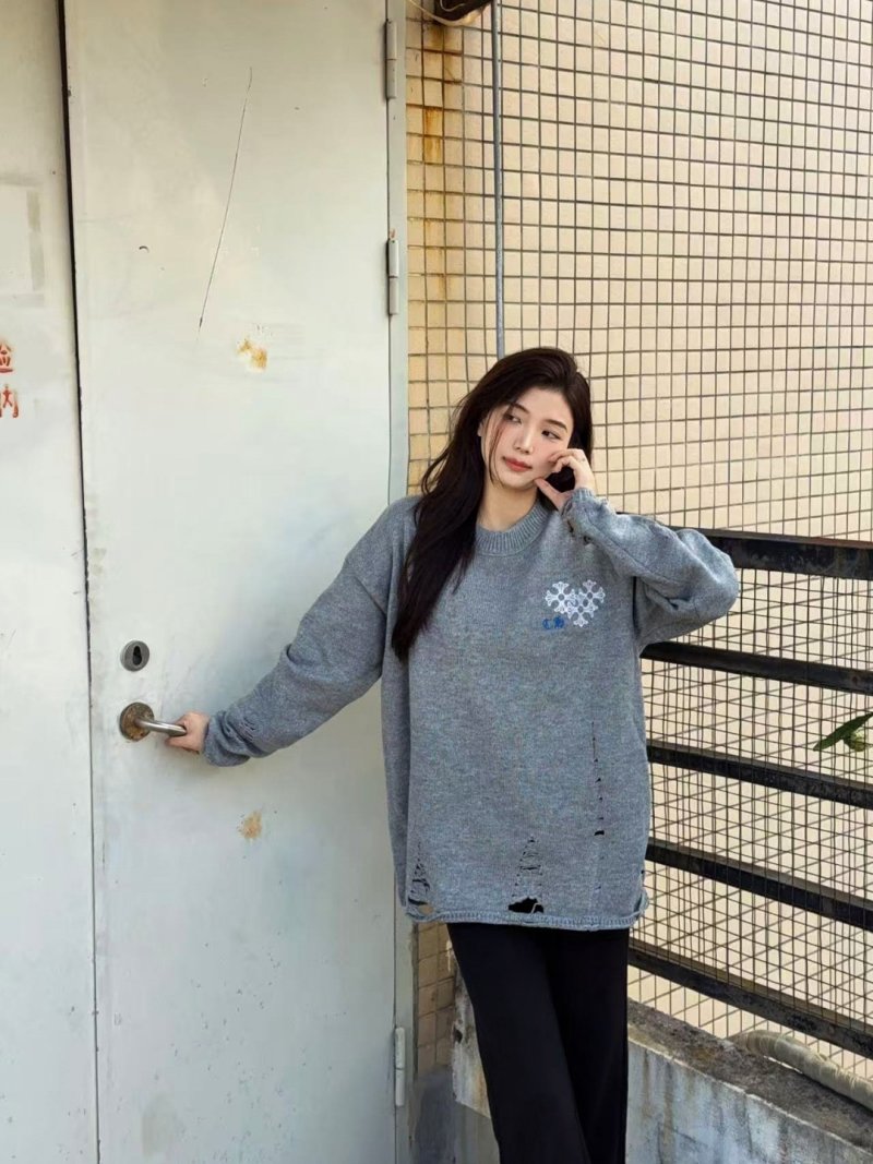 Grey Distressed Crew Neck Sweater view
