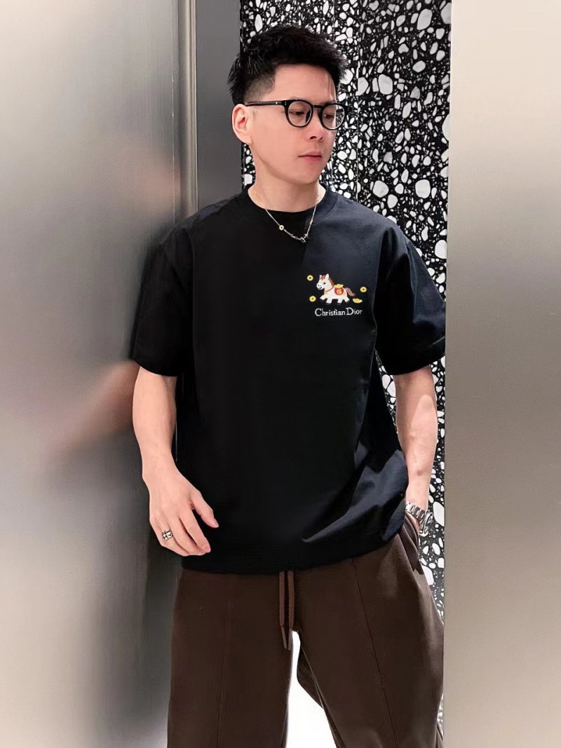 Dior Black Dog Embroidered Short Sleeve T-Shirt