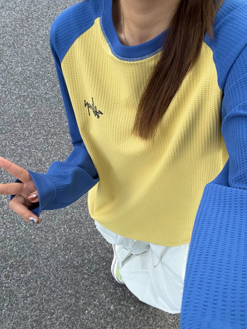 Blue & Yellow Colorblock Thermal Long Sleeve Tee