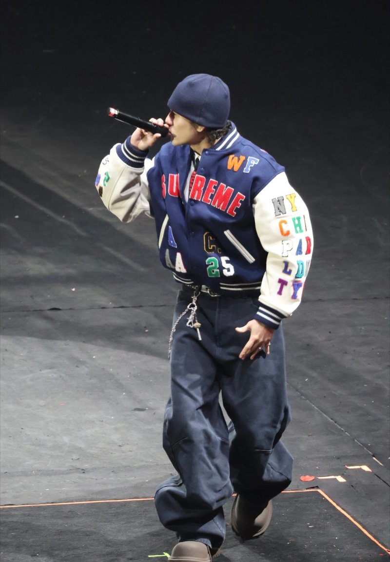 Navy & Cream Varsity Bomber Jacket with Colorful Embroidered Sleeves