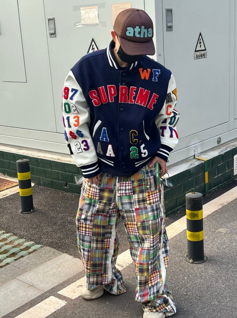Navy & Cream Varsity Bomber Jacket with Colorful Embroidered Sleeves view