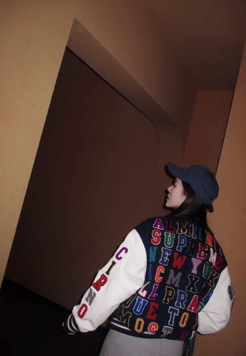 Navy & Cream Varsity Bomber Jacket with Colorful Embroidered Sleeves view