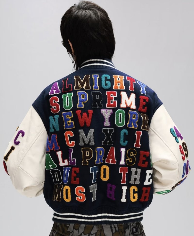 Navy & Cream Varsity Bomber Jacket with Colorful Embroidered Sleeves view