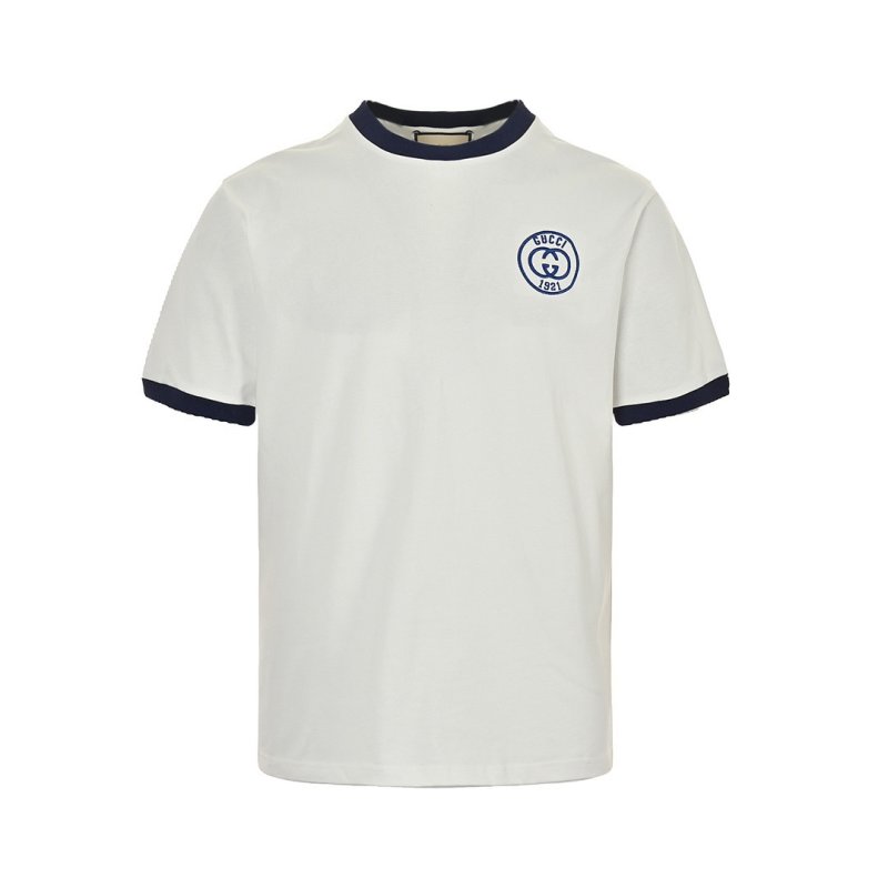 White Crew Neck T-Shirt with Navy Ringer Trim and Emblem view