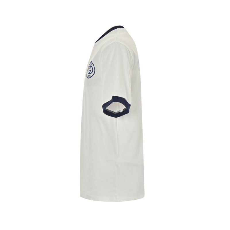 White Crew Neck T-Shirt with Navy Ringer Trim and Emblem view