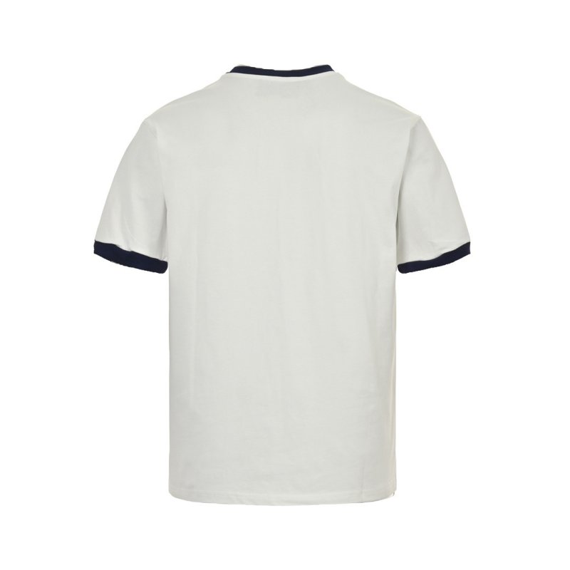 White Crew Neck T-Shirt with Navy Ringer Trim and Emblem view