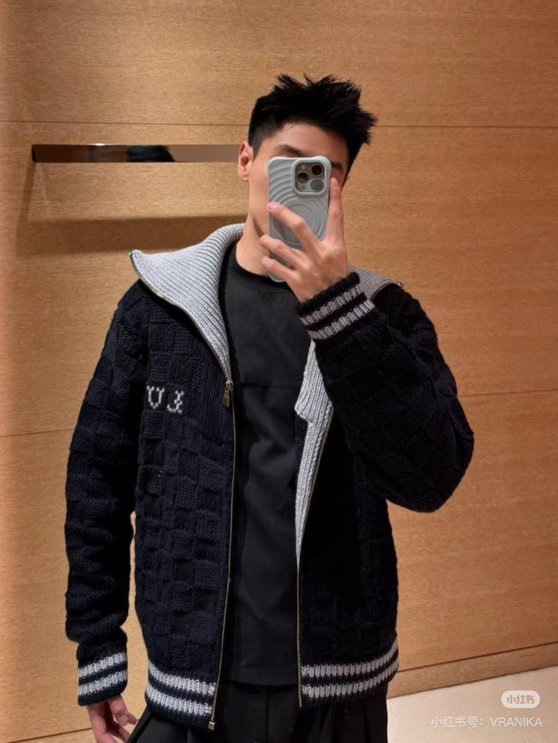 Black Quilted Zip Jacket with Striped Trim