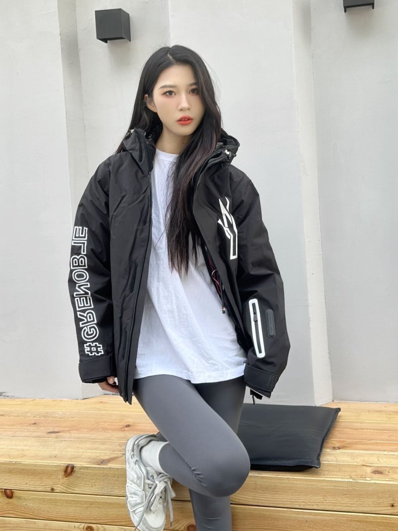 Black Oversized Down Puffer Jacket with Graphic Print view