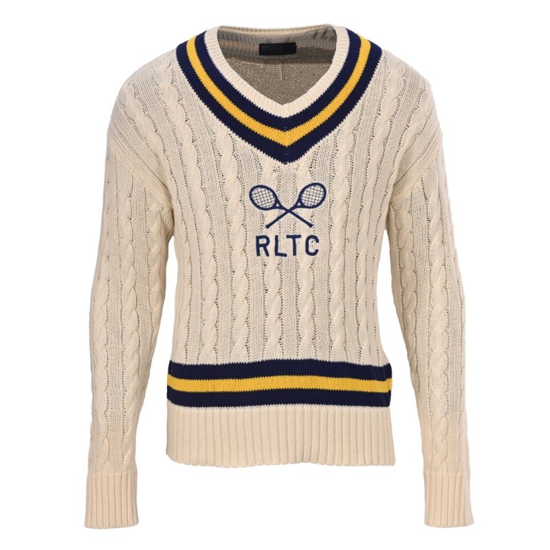 Ralph Lauren RLTC Tennis V-Neck Cable Knit Sweater Cream