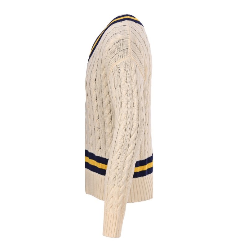 Cream Tennis V-Neck Sweater with Navy & Gold Stripes view