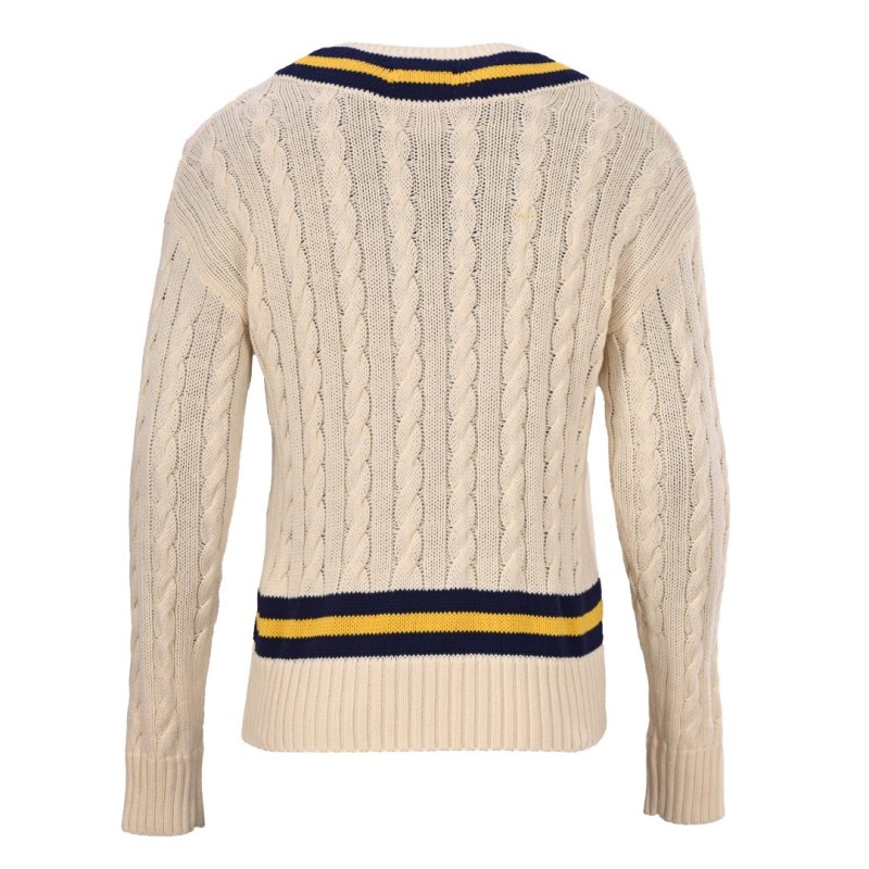 Cream Tennis V-Neck Sweater with Navy & Gold Stripes view
