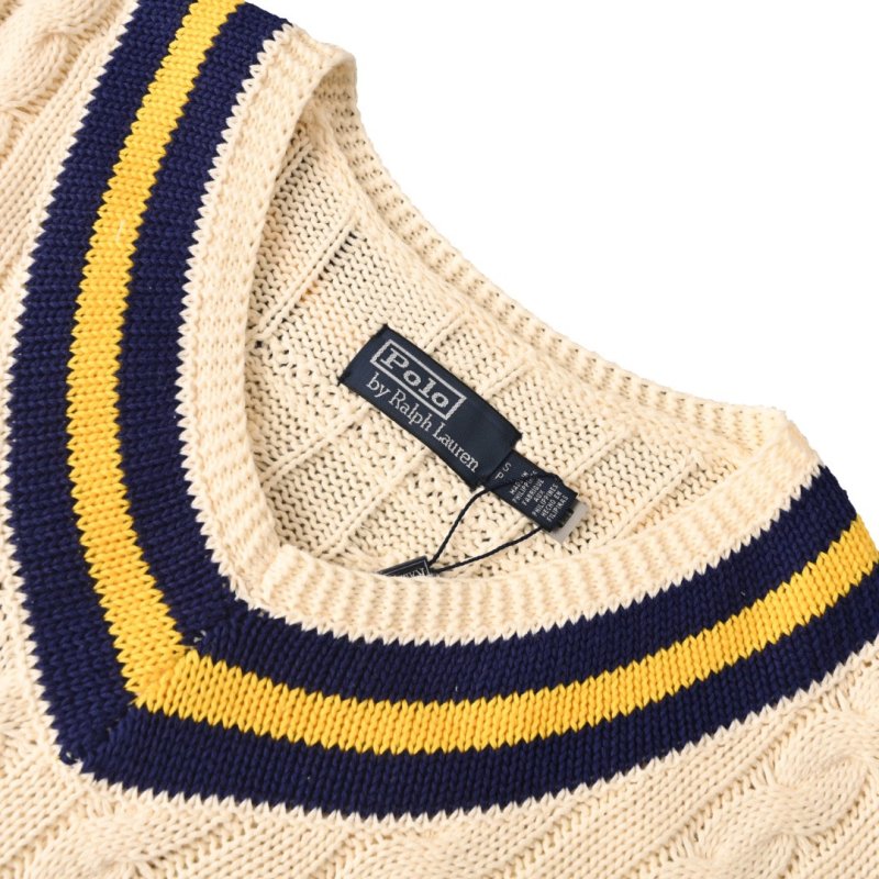Cream Tennis V-Neck Sweater with Navy & Gold Stripes view