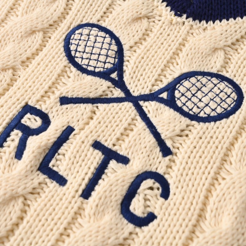Cream Tennis V-Neck Sweater with Navy & Gold Stripes view