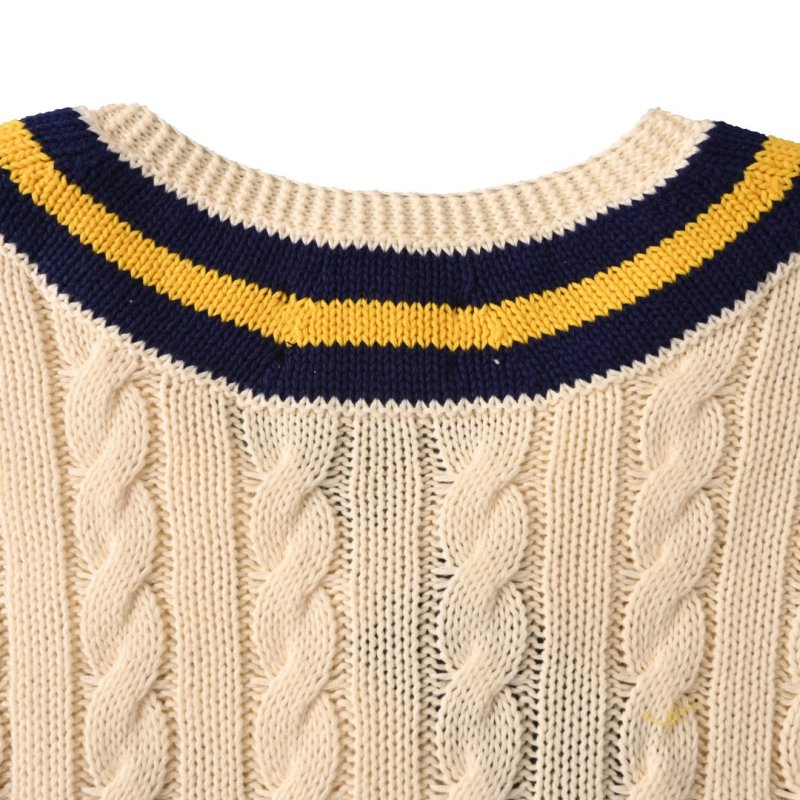 Cream Tennis V-Neck Sweater with Navy & Gold Stripes view