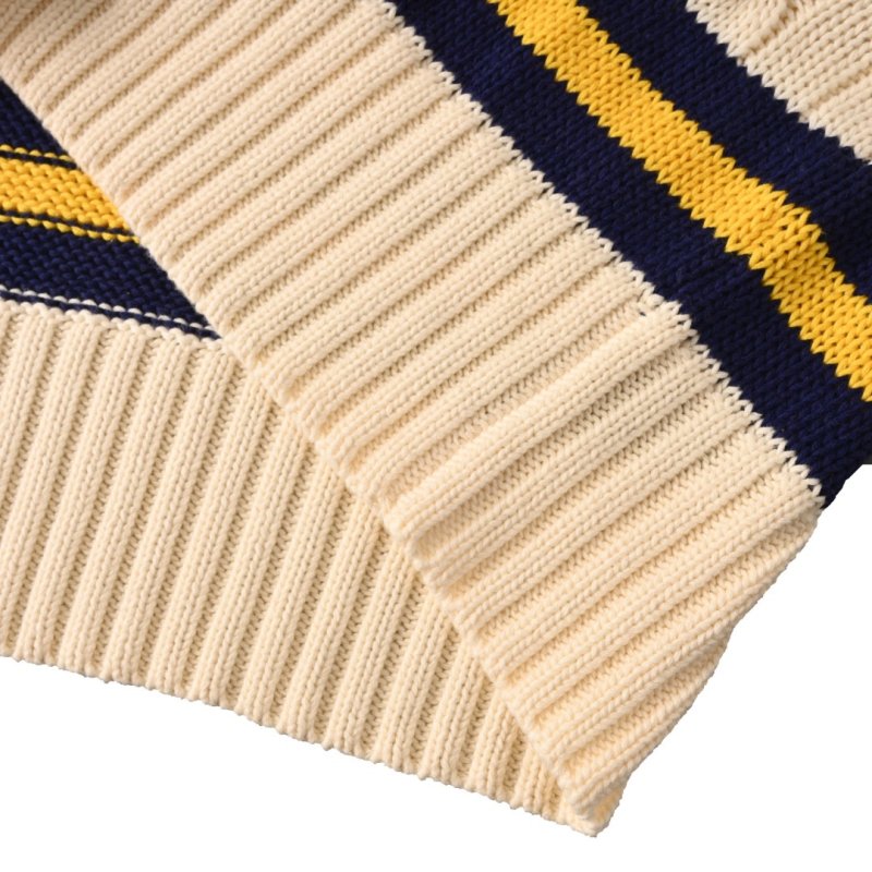 Cream Tennis V-Neck Sweater with Navy & Gold Stripes view
