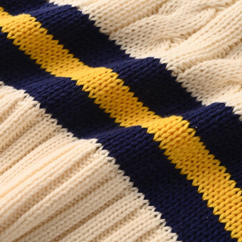 Cream Tennis V-Neck Sweater with Navy & Gold Stripes view