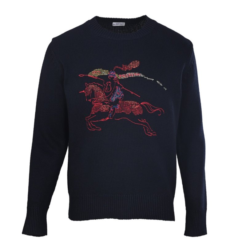 Burberry Equestrian Knight Embroidered Wool Blend Sweater Navy
