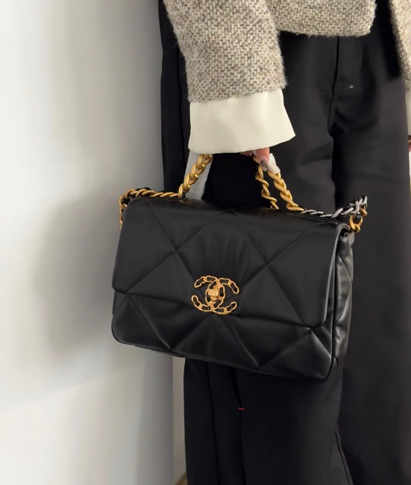 Chanel 19 Black Quilted Leather Crossbody Bag Gold Chain view