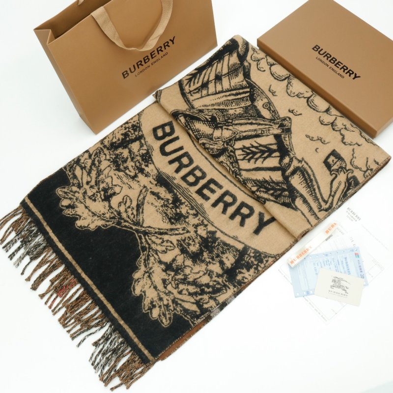 Burberry Map & Plaid Reversible Tassel Scarf - Beige/Black