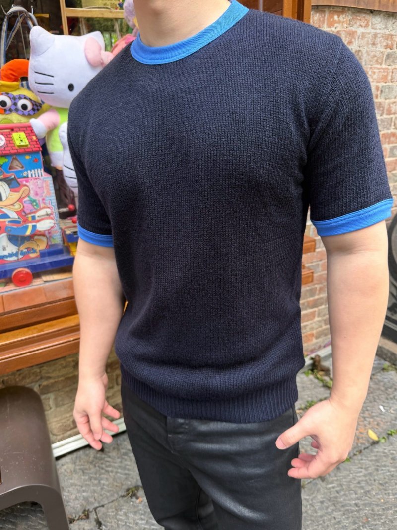Navy Ribbed Knit T-Shirt with Blue Contrast Trim