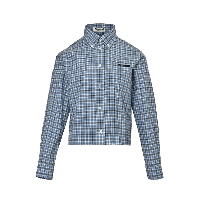 Miu Miu Check Embroidered Logo Shirt Blue