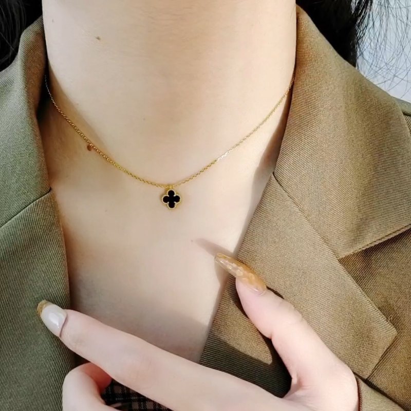 Gold Clover Pendant Necklace Black Enamel