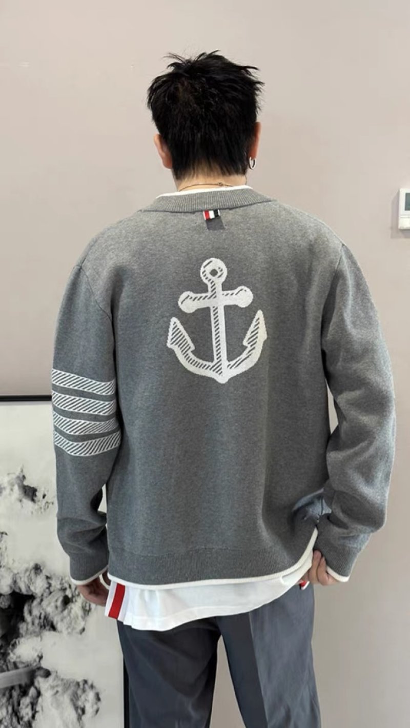 Thom Browne Grey Anchor Cardigan Sweater