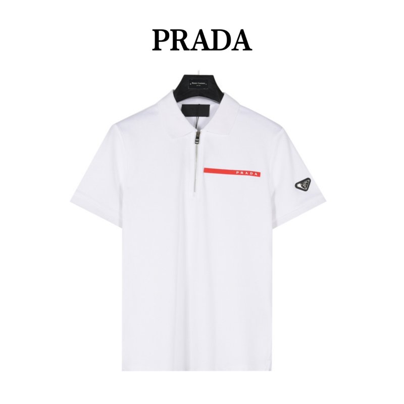 White Short Sleeve Polo Shirt with Red Stripe Detail view