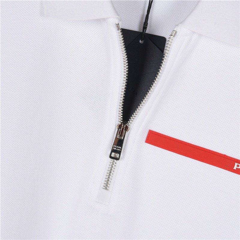 White Short Sleeve Polo Shirt with Red Stripe Detail view