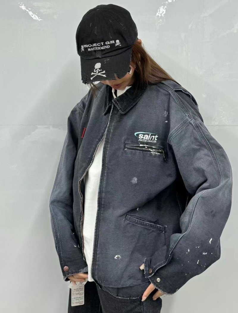 Oversized Distressed Denim Jacket with Graphic Print - Charcoal