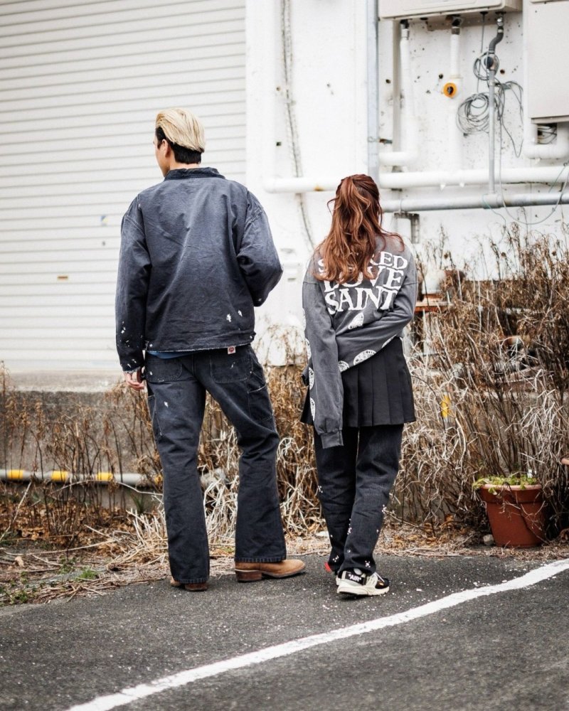 Oversized Distressed Denim Jacket with Graphic Print - Charcoal view