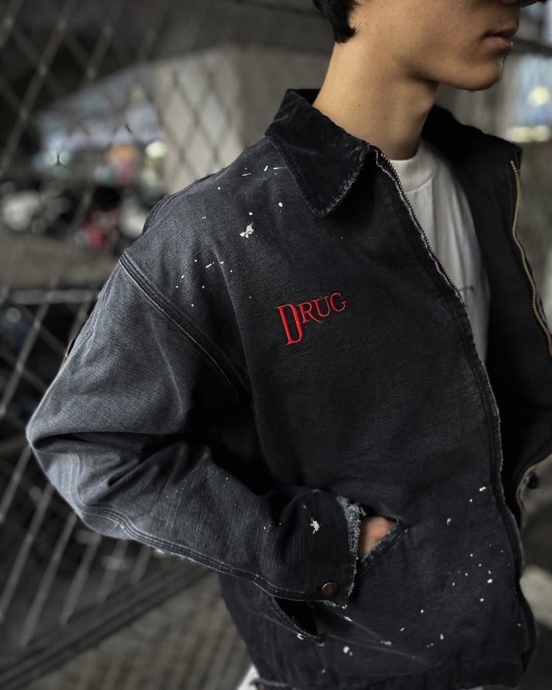 Oversized Distressed Denim Jacket with Graphic Print - Charcoal view