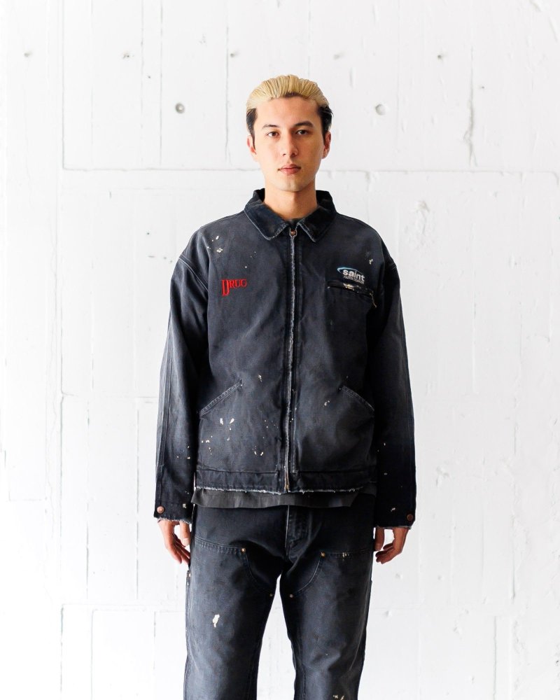 Oversized Distressed Denim Jacket with Graphic Print - Charcoal view