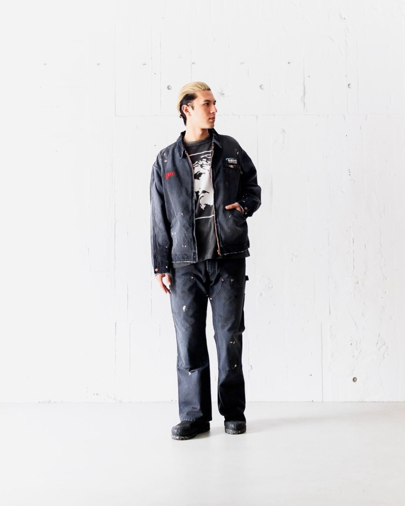 Oversized Distressed Denim Jacket with Graphic Print - Charcoal view