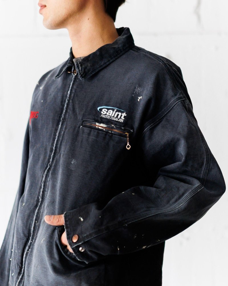 Oversized Distressed Denim Jacket with Graphic Print - Charcoal view