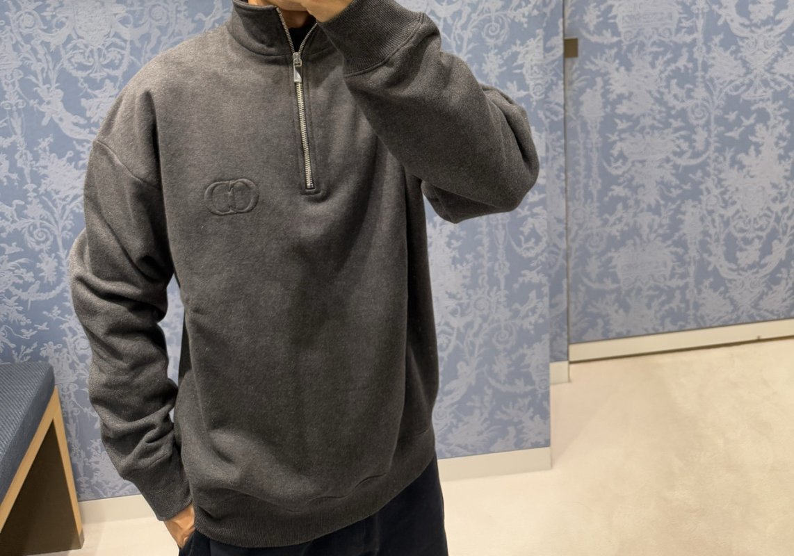 Dior CD Logo Half-Zip Fleece Hoodie Charcoal Grey view