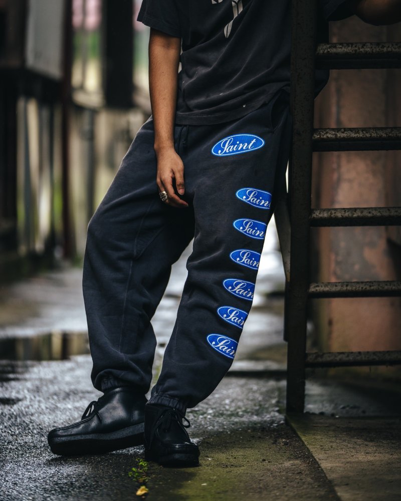Black Denim Jeans with Blue Logo Stripe Print