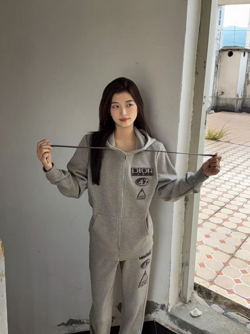 Dior Grey Logo Zip-Up Hoodie with Matching Joggers Set