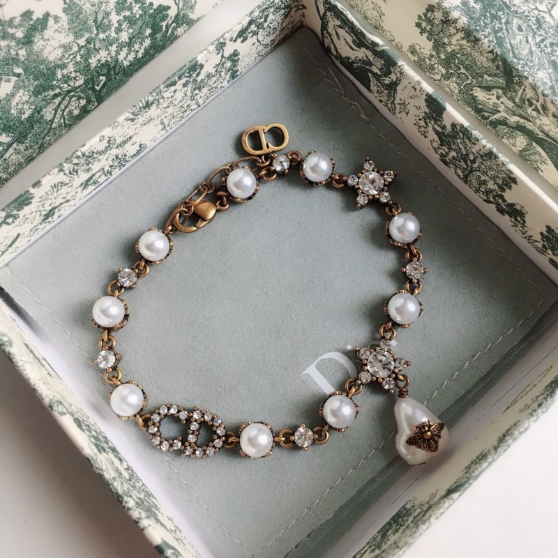 Pearl Bee Charm Brass Bracelet Silver view