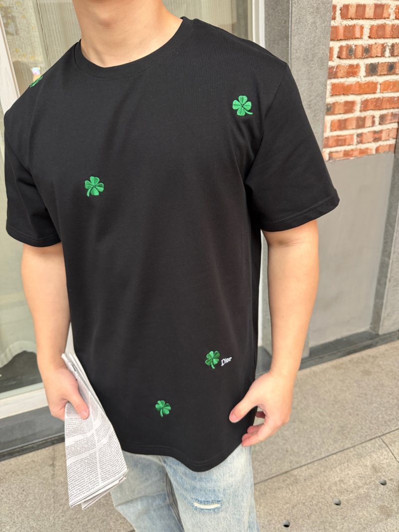 Dior Black T-Shirt with Green Clover Embroidery