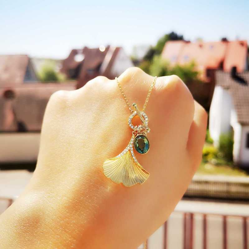 Swarovski Ginkgo Leaf Gold Crystal Green Pendant Necklace view