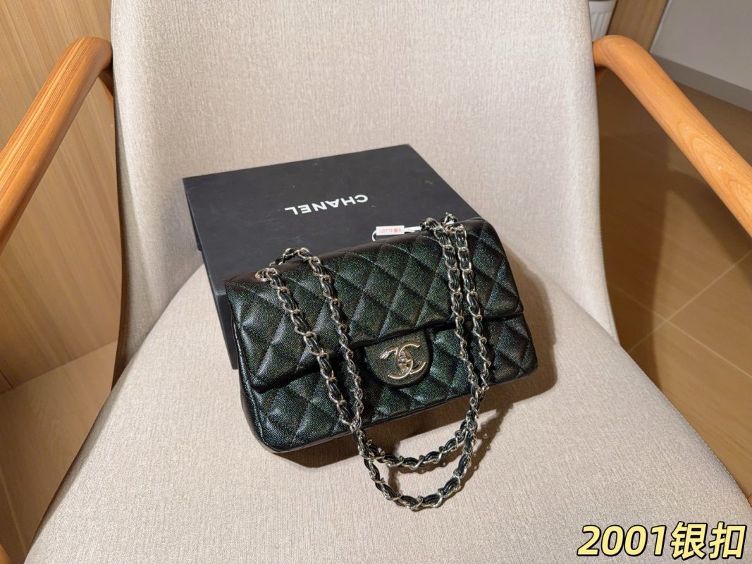 Chanel Classic Caviar Quilted Flap Bag Silver Hardware Black 25cm