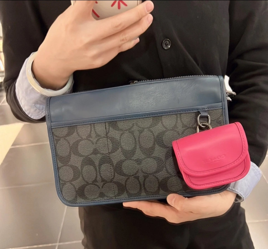 Coach Signature Canvas Colorblock Crossbody Bag Navy Pink
