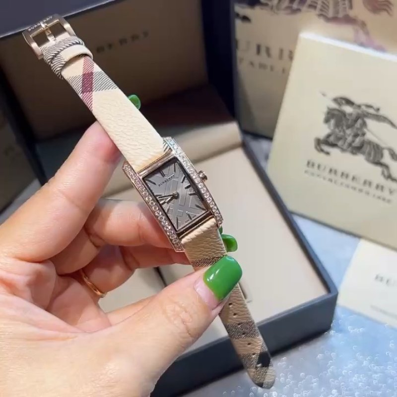 Burberry Diamond Bezel Rectangular Watch Cream Leather