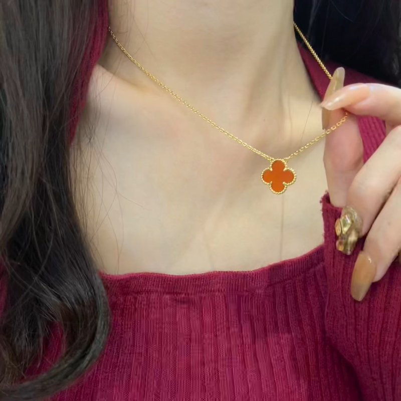 Gold Clover Pendant Necklace - Orange Stone