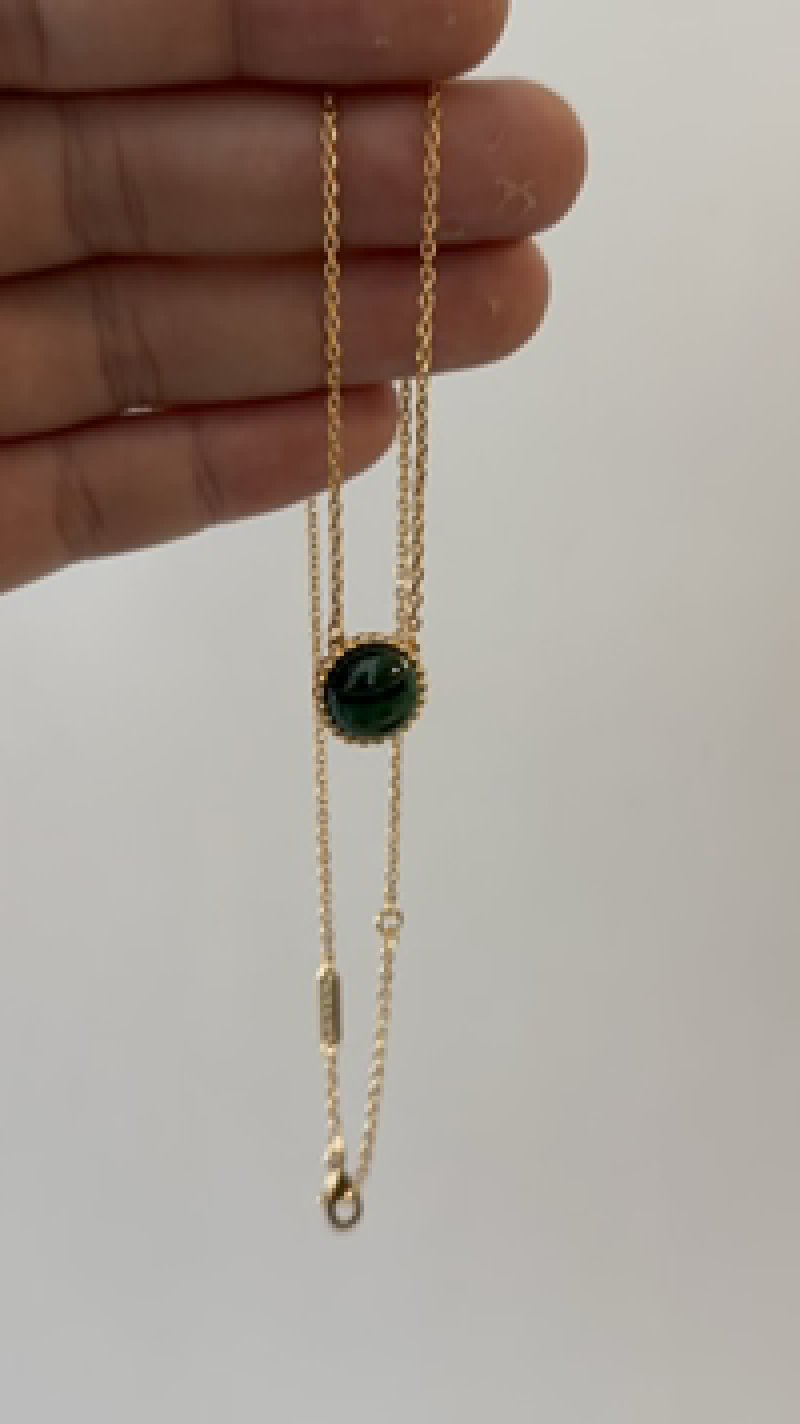 Gold Chain Necklace with Dark Green Stone Pendant