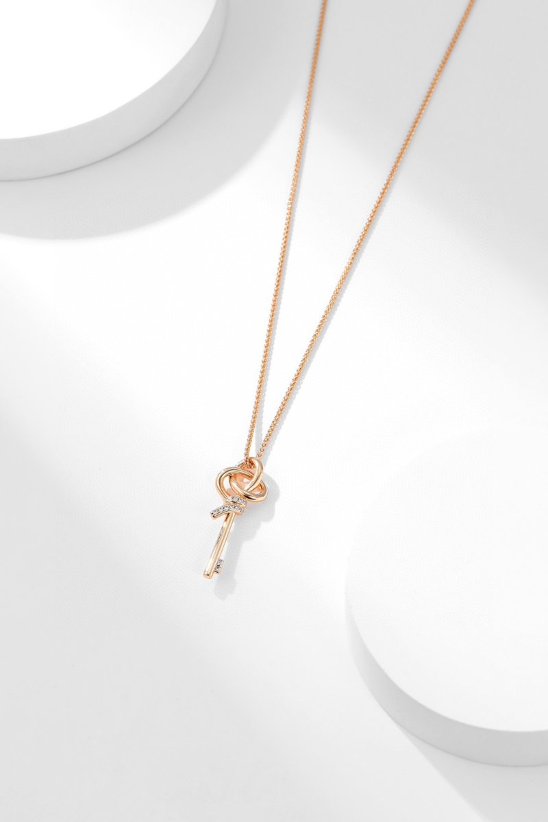 Rose Gold Woven Key Pendant Necklace with Crystal Accents view